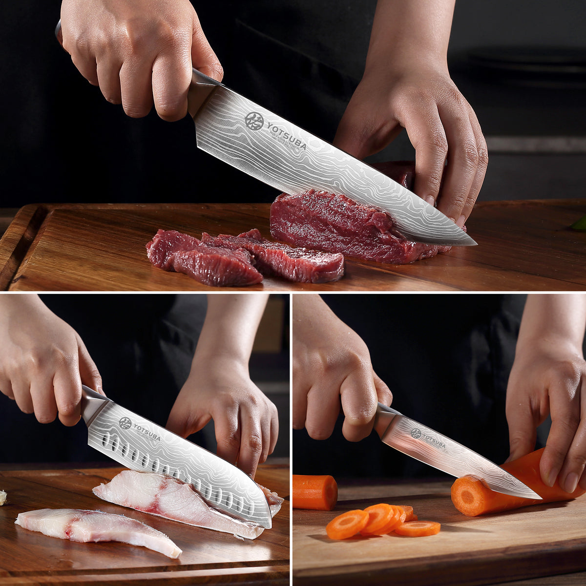 YOTSUBA AS1 3-in-1 Chef Knife Set Ultra Sharp Kitchen Knife Set Full Tang Wooden Handle