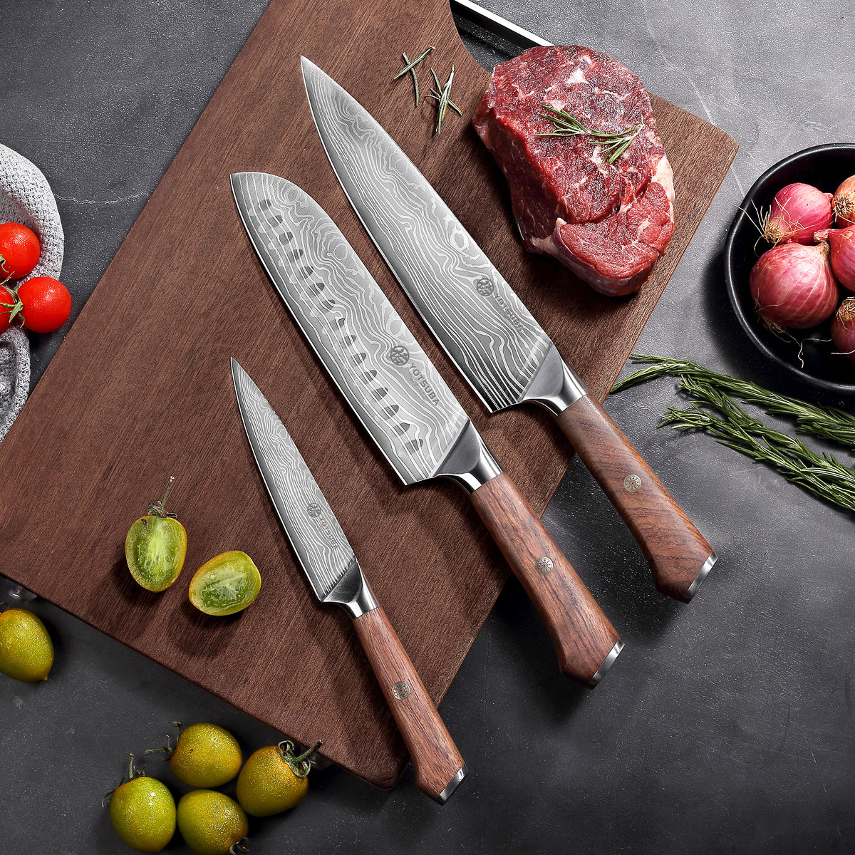 YOTSUBA AS1 3-in-1 Chef Knife Set Ultra Sharp Kitchen Knife Set Full Tang Wooden Handle