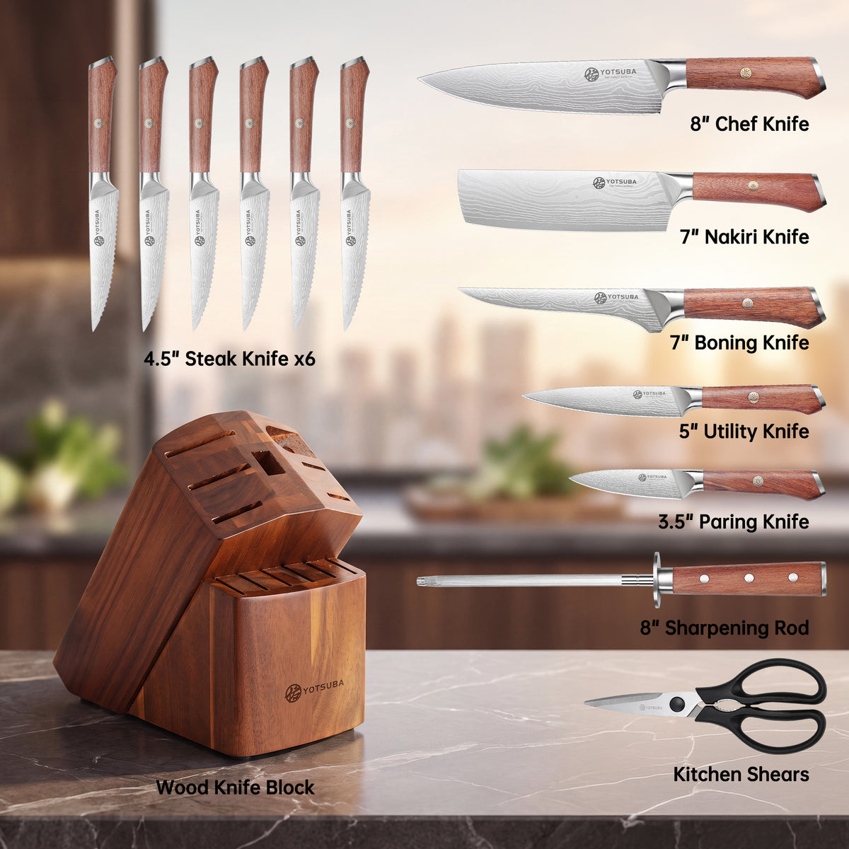 YOTSUBA AT2/14-PCS Kitchen Knife Block Set Chef Knives Set with Block and Sharpener