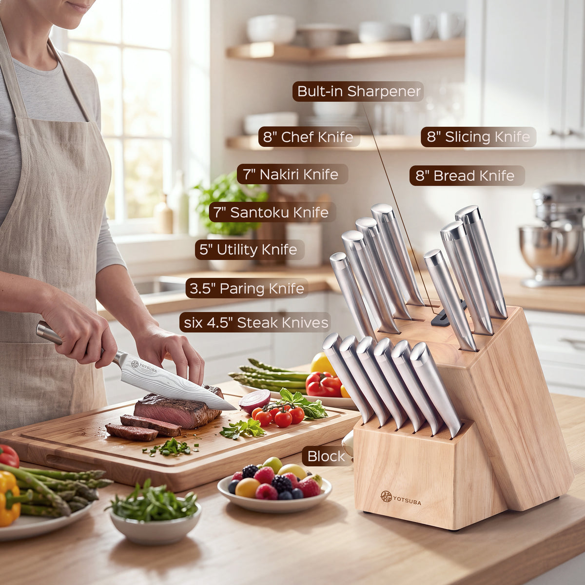 YOTSUBA FT1 15-Piece Stainless Steel Knife Block Set with Built-In Sharpener