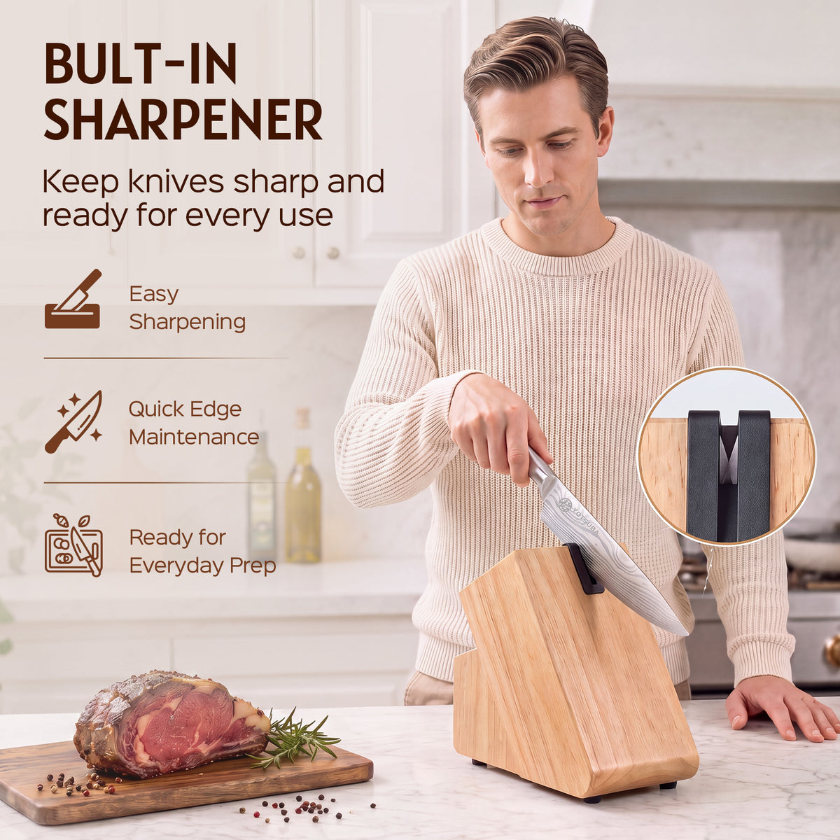 YOTSUBA FT1 15-Piece Stainless Steel Knife Block Set with Built-In Sharpener