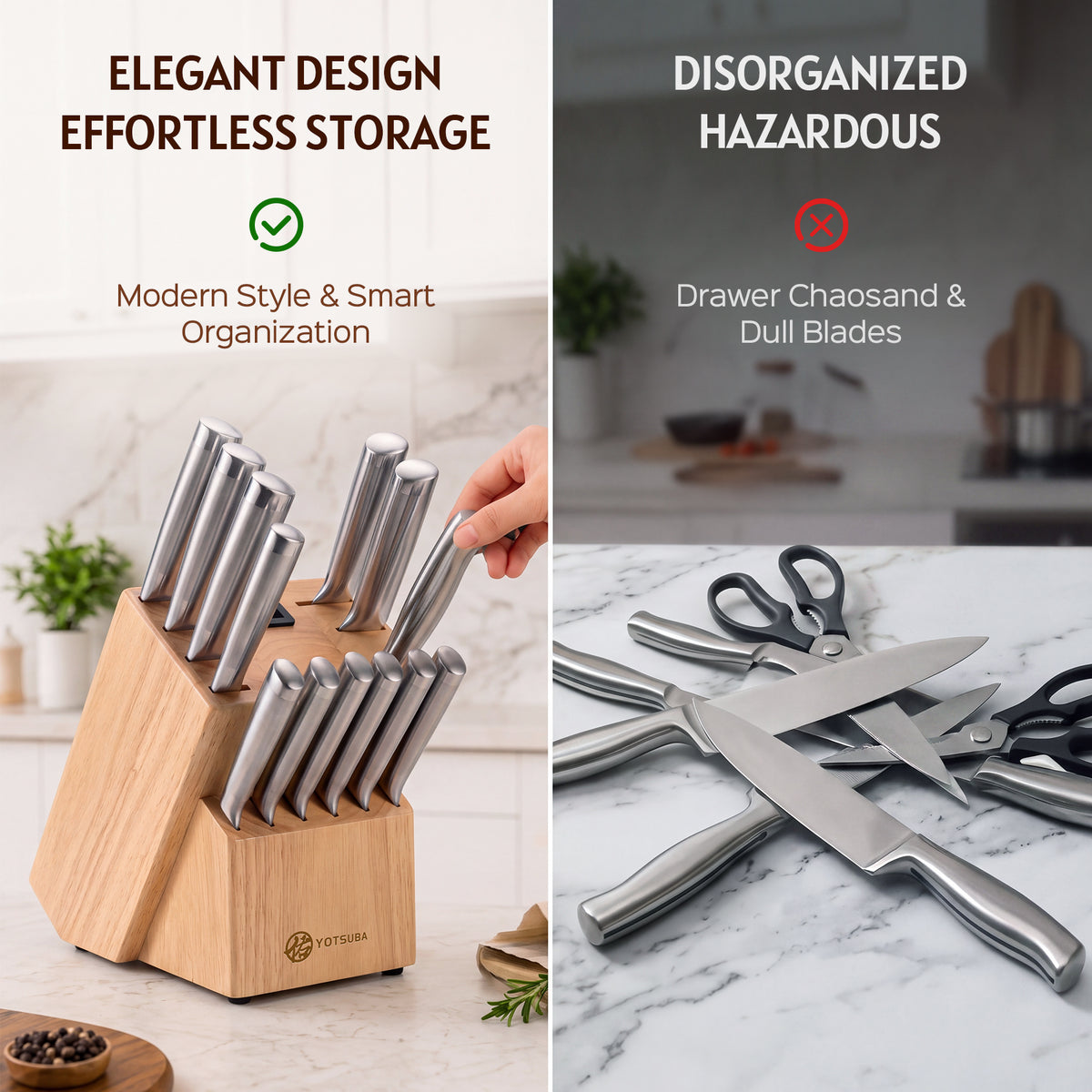 YOTSUBA FT1 15-Piece Stainless Steel Knife Block Set with Built-In Sharpener
