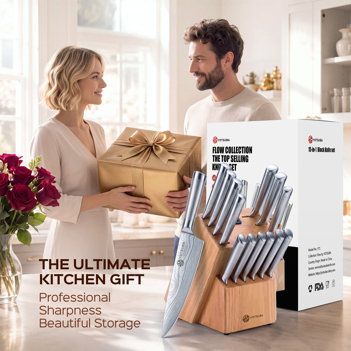 YOTSUBA FT1 15-Piece Stainless Steel Knife Block Set with Built-In Sharpener