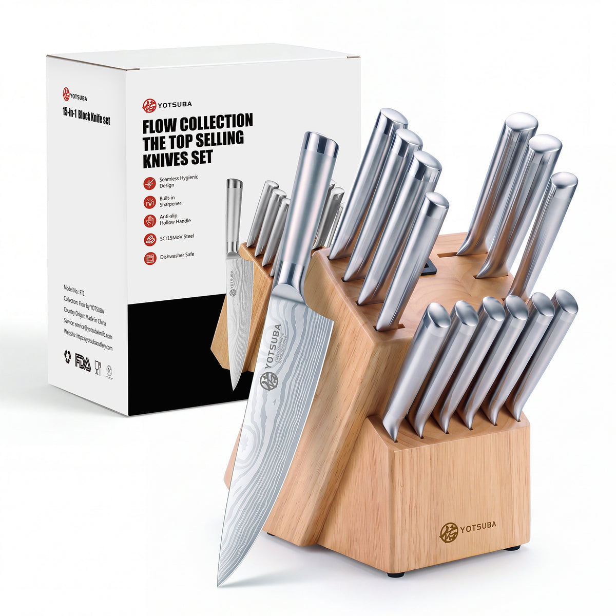 YOTSUBA FT1 15-Piece Stainless Steel Knife Block Set with Built-In Sharpener