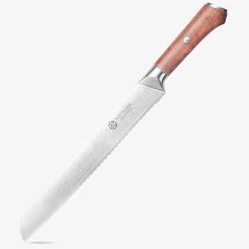 Ergonomic wooden handle detail of Yotsuba chef knife