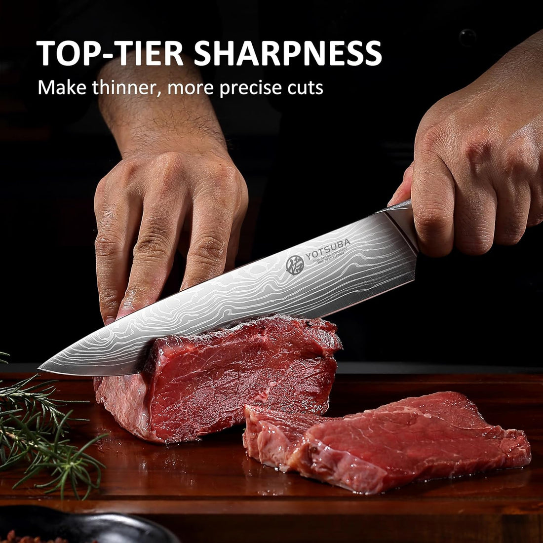 Yotsuba 9 inch chef knife with damascus-style blade pattern and wooden handle